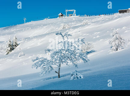 Mattina inverno tranquillo paesaggio di montagna con bellissimi alberi di glassa, cumuli di neve sul pendio e impianti di risalita nel lontano (Carpazi, Ucraina). Gli sciatori Foto Stock