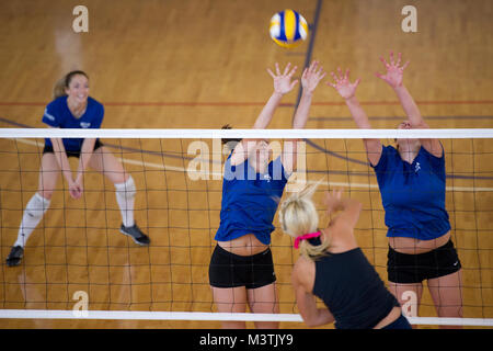 Membri della Air Force femminile di pallavolo team scrimmage contro la Utah State University gamma team a Hill Air Force Base, Utah. La Air Force team è stata la formazione e scrimmaging con locale club e squadre di college quotidianamente in preparazione per le forze All-Armed femminile di pallavolo torneo, dove la forza dell'aria potrà competere contro altri servizi militari. (U.S. Air Force photo by Staff Sgt. Julianne M. Showalter) Pallavolo002 da AirmanMagazine Foto Stock