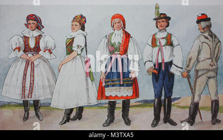 Moda, costumi, vestiti in Moravia Repubblica Ceca, intorno al XIX secolo, da sinistra, una donna dalla parte sud-orientale del paese, di origine slava, una donna dall'area di Eisgrub, nazionale tedesco di costume, Slovacca una coppia di sposi e di un contadino di l'azienda Zemplin distretto, digitale riproduzione migliorata da un originale a partire dall'anno 1900 Foto Stock