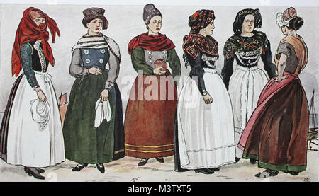 Moda, abbigliamento in Germania, costumi di Halligen e l'isola di Helgoland circa ottocento, da sinistra, domenica abito o costume di festa dell'isola di Foehr, 1800, Domenica abito di Foehr, 1850, costume sul Halligen, 1850, due volte il costume di festa di Foehr 1858 e il costume di Helgoland, digitale riproduzione migliorata da un originale a partire dall'anno 1900 Foto Stock