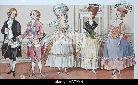 Moda, abbigliamento, costumi popolari in Francia al tempo di Luigi XVI. dal 1775 al 1785, un gentiluomo nei vecchi, Corte di giustizia Corps, poi un cavalier cortese con un tritio e tre signore parigino in home vestiti, digitale riproduzione migliorata da un originale a partire dall'anno 1900 Foto Stock