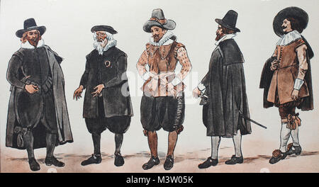 Moda, abbigliamento in Germania, costumi civica circa 1625-1635, da sinistra, merchant da Norimberga, quindi un Ebreo, poi a sud di un cittadino tedesco, quindi un gentiluomo di una legittima posizione per portare la spada, per 1625 e un gentiluomo di standing superiore da Colonia, intorno al 1630-1635, digitale riproduzione migliorata da un originale a partire dall'anno 1900 Foto Stock