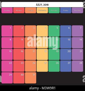 Luglio 2018 Planner Calendario modificabile grande spazio giorno a colori Illustrazione Vettoriale