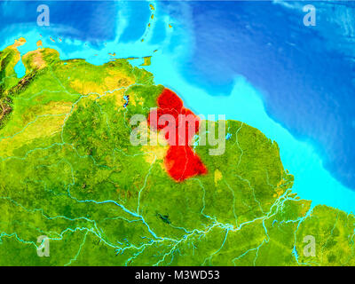 Guyana evidenziata in rosso sul pianeta Terra. 3D'illustrazione. Gli elementi di questa immagine fornita dalla NASA. Foto Stock