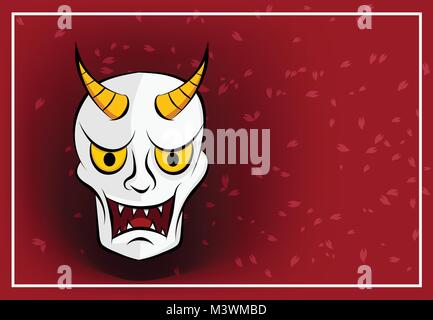 Hanya maschera su sfondo rosso con sakura, disegno vettoriale Illustrazione Vettoriale