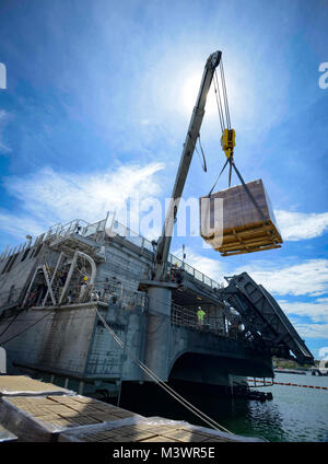 170912-N-KW679-0232 Guantanamo Bay a Cuba (sett. 12, 2017) il servizio civile mariners assegnati ai militari di comando Sealift di palette di carico di cibo per le persone colpite dall'uragano Irma a bordo del expeditionary trasporto veloce nave USNS Spearhead (T-EPF 1) presso la stazione navale di Guantanamo Bay. Il Dipartimento della difesa è di sostenere la Federal Emergency Management Agency, il piombo agenzia federale, per aiutare le persone colpite dall'uragano Irma per ridurre al minimo la sofferenza ed è un componente del complessivo intero-di-risposta del governo sforzo. (U.S. Foto di Marina di Massa lo specialista di comunicazione di terza classe Kristen che Foto Stock