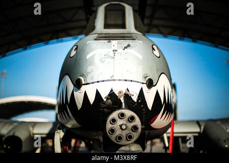 Un-10C Thunderbolt II si siede sotto un sole ombra a Moody Air Force Base, Ga. A-10Õs arma primaria è un singolo 30mm GAU-8/A SETTE-canna Gatling Gun. È anche in grado di trasportare fino a 16.000 libbre di artiglieria misti come cluster bomb unità, giunto di attacco diretto di munizioni e di AIM Sidewinder missili. (U.S. Air Force foto/Airman 1. Classe Ryan Callaghan/xxiii ala affari pubblici) 140729-F-NI493-237 da AirmanMagazine Foto Stock