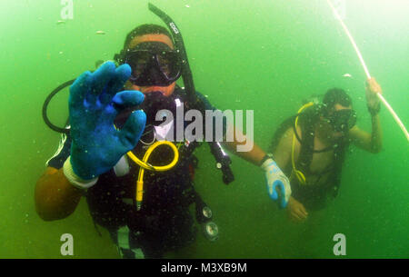 110727-N-XD935-231 Port Royal, Giamaica (27 luglio 2011) il giamaicano Coast Guard Defence Force Diving Officer tenente j.g. Christopher YeeSing dà il segnale corretto durante la sua discesa per recuperare un sottomarino di progetto di recupero sul fondo del mare come parte di un giunto di immersioni operazione di salvataggio con Mobile Diving e unità di soccorso (MDSU) 2. MDSU-2 sta partecipando a Navy Diver-Southern stazione di partenariato, una partnership con una multinazionale di accoppiamento atti ad accrescere l'interoperabilità e partner la capacità della nazione attraverso operazioni di immersione. (U.S. Foto di Marina di Massa lo specialista di comunicazione 1a classe Jayme Pastoric/R Foto Stock