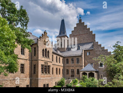 Schloss Mansfeld, castello sulla città di Mansfeld, Sassonia-Anhalt, Germania Foto Stock