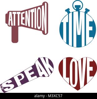 Loghi lettere style icon set - attenzione, tempo, parlare di amore Illustrazione Vettoriale