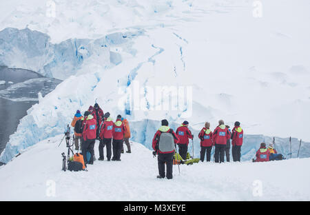 Un gruppo di turisti in piedi in un punto panoramico in Neko Harbour, l'Antartide. Foto Stock