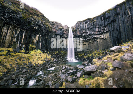 Bella cascata Svartifoss e Sjonarnipa a Skaftafell national park nel sud dell'Islanda sud dell'Islanda Foto Stock
