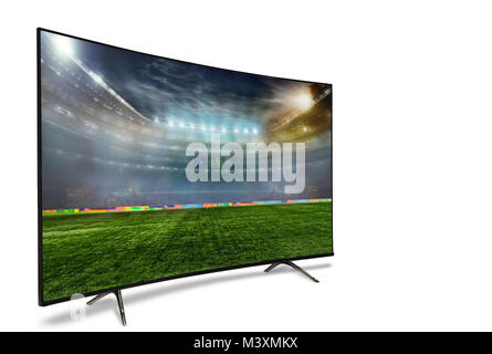 4k monitor isolato su bianco. Vista isometrica. monitorare la visione di smart tv traduzione del gioco di calcio. Foto Stock