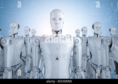 3D rendering gruppo di robot umanoidi in una riga Foto Stock