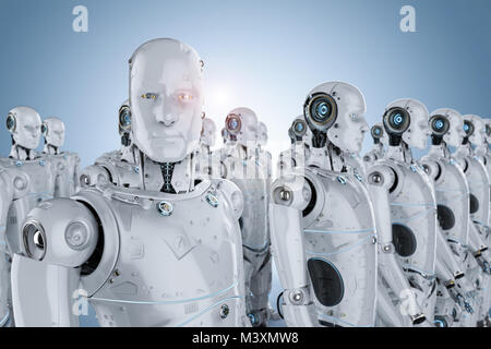 3D rendering gruppo di robot umanoidi in una riga Foto Stock