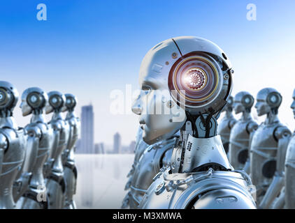 3D rendering gruppo di robot umanoidi in una riga Foto Stock