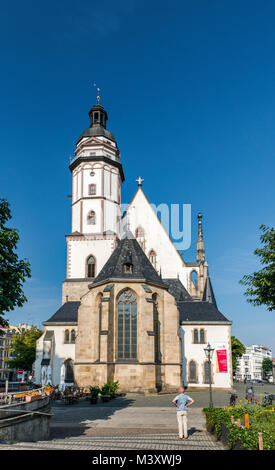 Thomaskirche (chiesa di San Tommaso) a Thomaskirchhof di Leipzig, in Sassonia, Germania Foto Stock