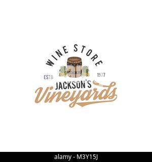 Wine Shop logo, l'etichetta. Vini biologici.Vigna badge. Drink retrò simbolo - botte di vino, vigne. Disegno tipografica illustrazione vettoriale. Stock emblema del vettore isolato su sfondo bianco Illustrazione Vettoriale