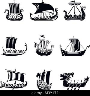 Viking Ship imbarcazione drakkar set di icone, stile semplice Illustrazione Vettoriale