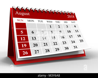3d illustrazione del calendario su bianco con ombra, agosto 2018 Foto Stock