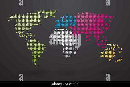 Mappa mondo ​​up fatta di piccoli punti con distinte continenti Illustrazione Vettoriale
