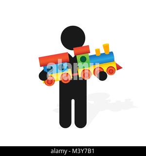 La figura uomo detiene il colore per bambini toy train con carrelli Illustrazione Vettoriale