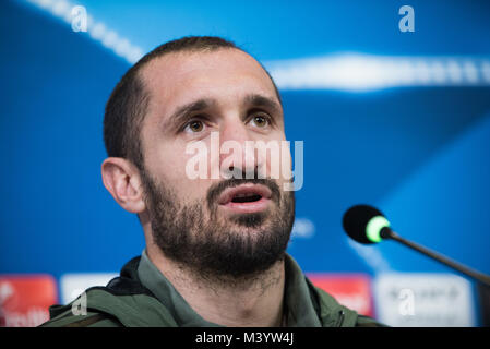 Torino, Italia. 12 Feb, 2018. Giorgio Chiellini durante la Juventus - Conferenza stampa prima della Champions League, a Juventus Stadium, a torino, Italia 12 febbraio 2017 Credit: Alberto Gandolfo/Pacific Press/Alamy Live News Foto Stock