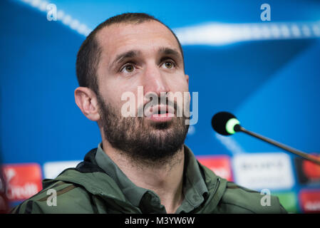 Torino, Italia. 12 Feb, 2018. Giorgio Chiellini durante la Juventus - Conferenza stampa prima della Champions League, a Juventus Stadium, a torino, Italia 12 febbraio 2017 Credit: Alberto Gandolfo/Pacific Press/Alamy Live News Foto Stock
