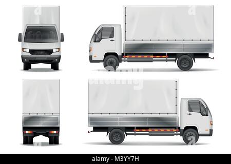 Semi carrello isolato su bianco. Commerciale cargo realistico autocarro mockup. Carrello consegna template vettoriale da lato posteriore, vista anteriore. Illustrazione Vettoriale