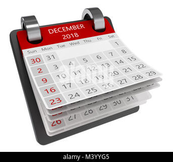 3d calendario mensile vista prospettica isolare, 2018 dicembre pagina Foto Stock