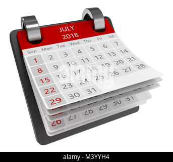 3d calendario mensile vista prospettica isolare, 2018 luglio pagina Foto Stock