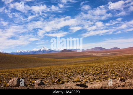 Arido paesaggio del deserto di Atacama con la Cordigliera delle Ande in background. Un chiaro cielo blu con nuvole pende sopra. Foto Stock