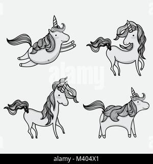 Magic unicorns doodle icone Illustrazione Vettoriale