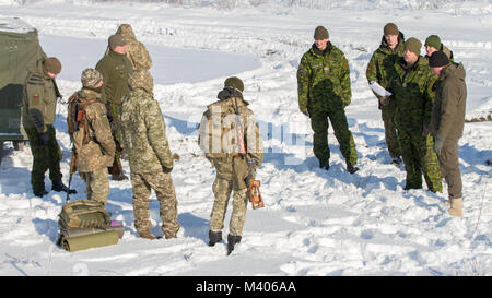 Yavoriv, Ucraina - statunitensi, canadesi, ucraino lituano e i membri del servizio condotta precisione di tiro di formazione presso il Yavoriv Combat Training Center qui Feb. 6. Attualmente più di 220 New York Army National Guard soldati sono dispiegati in Ucraina a lavorare mano nella mano con l'esercito ucraino nei loro sforzi verso il loro obiettivo di raggiungere l'interoperabilità della NATO. (U.S. Esercito foto di Sgt. Alexander rettore) Foto Stock