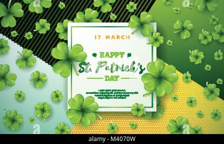 Illustrazione Vettoriale di Felice Saint Patricks giorno con verde trifoglio caduta su sfondo astratto. Birra irlandese Festival Celebrazione del design di vacanza con la tipografia e Shamrock per biglietto di auguri, invito alla festa o banner promozionali. Illustrazione Vettoriale