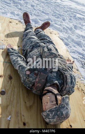 FORT MCCOY, Wis. - Emergenza simulatore paziente è andata in scena per un evacuazione medica di prove condotte dalla Task Force Triad, funzionamento freddo acciaio II, a Fort McCoy, Wis., Febbraio 8, 2018. Funzionamento a freddo è di acciaio negli Stati Uniti La riserva di esercito di equipaggio è servita la qualifica di armi ed esercizio di convalida per garantire America's Army unità di riserva e soldati sono addestrati e pronti per il deployment su breve preavviso come parte della forza di pronto X e portare la lotta contro-ready e letale di armi da fuoco a sostegno dell'esercito e ai nostri partner in tutto il mondo. (U.S. La riserva di esercito di foto dal personale Sgt. Debralee migliori/funzionamento freddo S Foto Stock