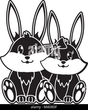 Silhouette coniglio giovane graziosi animali insieme Illustrazione Vettoriale
