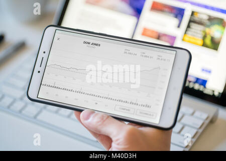 Analizzando il grafico del Dow Jones Industrial Average su uno smartphone Foto Stock
