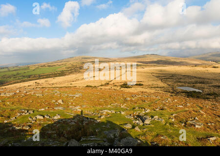 Paesaggio di brughiera vista dalla cima di Pew Tor, Parco Nazionale di Dartmoor, Devon, Regno Unito. Foto Stock