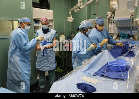 150818-A-BK746-023 Santo Domingo, Repubblica Dominicana (Agosto 18, 2015) Ospedale Corpsman 3rd Class Michael Siem, estrema sinistra, nativo di Seattle, assegnato all'Admiral Joel T. Boone Branch Health Clinic Virginia Beach, Va. apre forniture mediche con Hospital Corpsman 3rd Class Jonathan Lamay, nativo di Orlando, Florida, di stanza a al Centro Medico Navale di Portsmouth Virginia, mentre Lt. La Cmdr. Il Ciad Barrson, nativo di Great Falls, Mont., e il radiologo interventista assegnato a al Centro Medico Navale di Portsmouth, Va., funziona con un dottore Domenicano durante la conduzione di intervento chirurgico su un paziente a bordo Guarnizionese militare Foto Stock