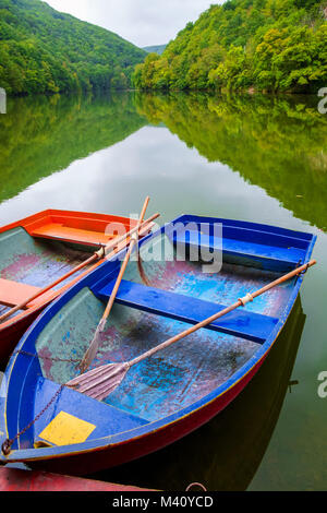 Barche sul lago Hamori vicino a Lillafured in Ungheria Foto Stock