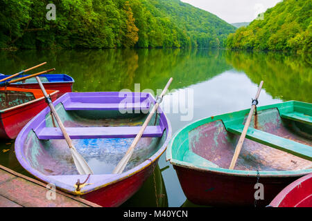 Barche sul lago Hamori vicino a Lillafured in Ungheria Foto Stock