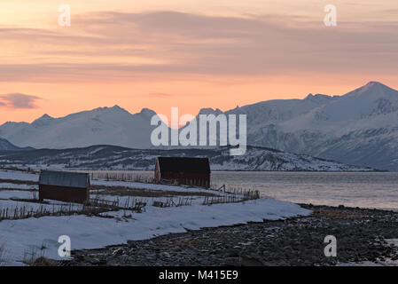 Vista del Ullsfjorden e le Alpi Lyngen, Lyngen, Tromsoe, Norvegia Foto Stock