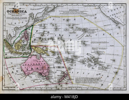 1839 Mitchell mappa - Oceania - Australia Nuova Zelanda Sud Pacifico Indie Orientali Hawaii Tahiti la Polinesia Foto Stock