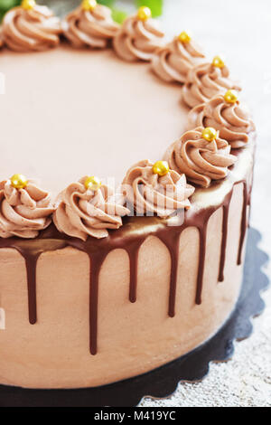 Torta al cioccolato con salsa al cioccolato spruzzata glassa e riccioli di cioccolato su sfondo bianco Foto Stock