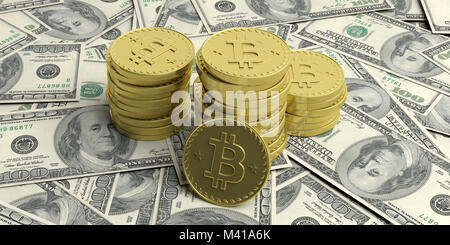 Concetto Cryptocurrency. Golden su 100 dollari banconote sfondo, banner. 3d illustrazione Foto Stock