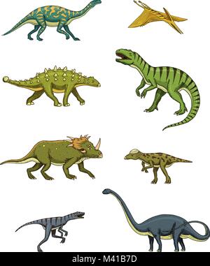 Set di dinosauri, triceratops, barosaurus, Tyrannosaurus rex, stegosaurus, pachycephalosaurus, diplodocus, deinonychus, velociraptor, scheletri, fossili. Rettili preistorici, animale disegnato a mano il vettore. Illustrazione Vettoriale