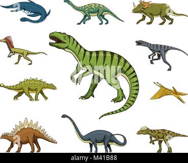 Set di dinosauri, Tyrannosaurus rex, Triceratops, Barosaurus, Diplodocus, Velociraptor, Triceratops, Stegosaurus, scheletri, fossili. Rettili preistorici, animale disegnato a mano il vettore. Illustrazione Vettoriale