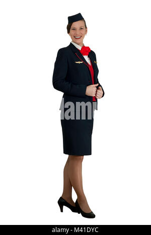 Hostess sorridente in piena crescita isolata senza il logo della compagnia aerea sul badge standard ali Foto Stock