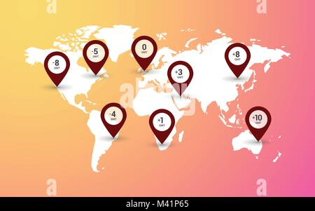 Fusi orari con mappa del mondo su moderni colori gradiente dello sfondo Illustrazione Vettoriale